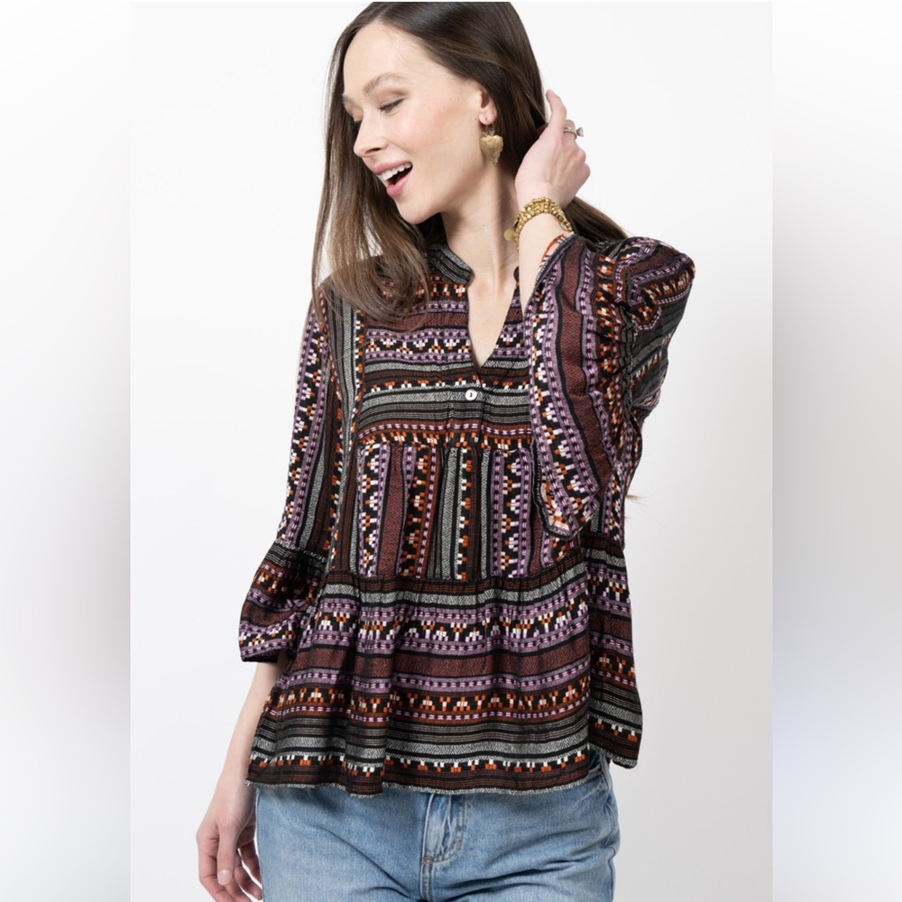Ivy Jane Black Tiered Flounce Embroidered Stitched Boho Blouse XS